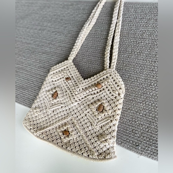 Vintage Ivory Crochet Wood Bead Detail Woven Cotton Lined Satchel Purse Handmade - Picture 9 of 11
